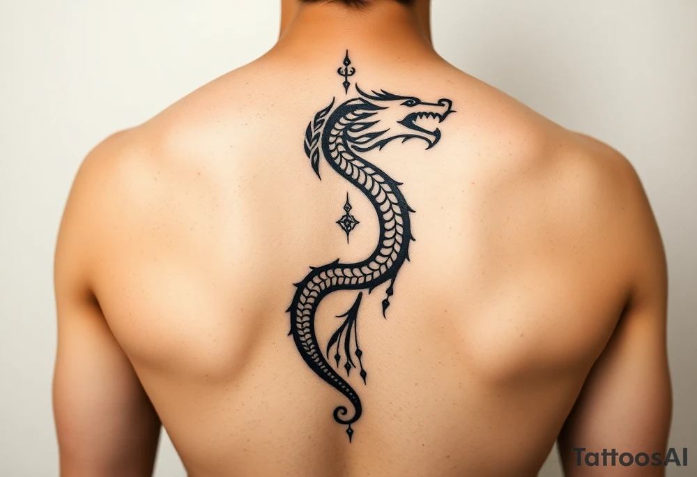 A refined black ink tattoo design for the back,  a minimalist tribal-style dragon curls in a spirals along the spine, symbolizing inner power and spiritual awakening.


 symbolizing spiritual rebirth and clarity.

denoting emotional depth, cycles, and feminine energy.

representing grounding, resilience, and ancestry.

Include subtle tribal and Berber cultural motifs , symbolizing fire, air, water and what u deem in tune with the spirit of the design

Style: sacred geometry meets minimalist tribal art. Fine linework, dotwork, and light shading. Symmetrical layout, clean flow, mystical tone.

Color: Black or dark brown ink only, on light parchment background. tattoo idea