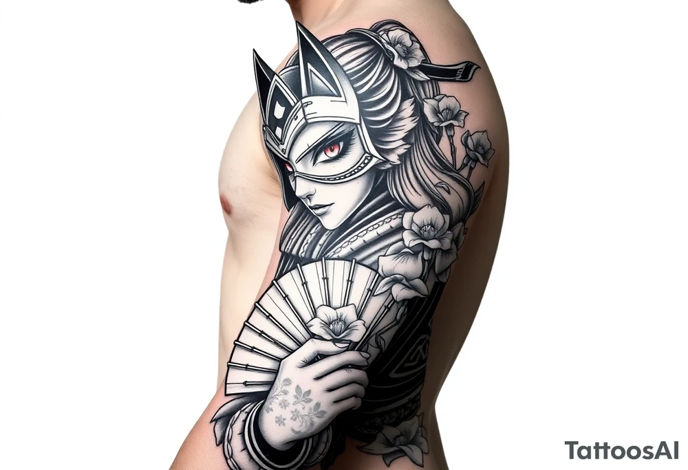 japanese samurai woman with red eyes wearing a kitsune half and broken mask and holding a fan with irises flowers ornement tattoo idea