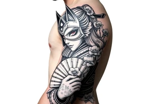 japanese samurai woman with red eyes wearing a kitsune half and broken mask and holding a fan with irises flowers ornement tattoo idea