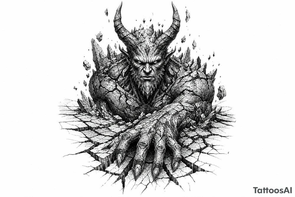 Ancient earth demon emerging from cracked, stony ground. tattoo idea