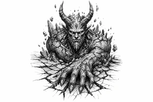 Ancient earth demon emerging from cracked, stony ground. tattoo idea