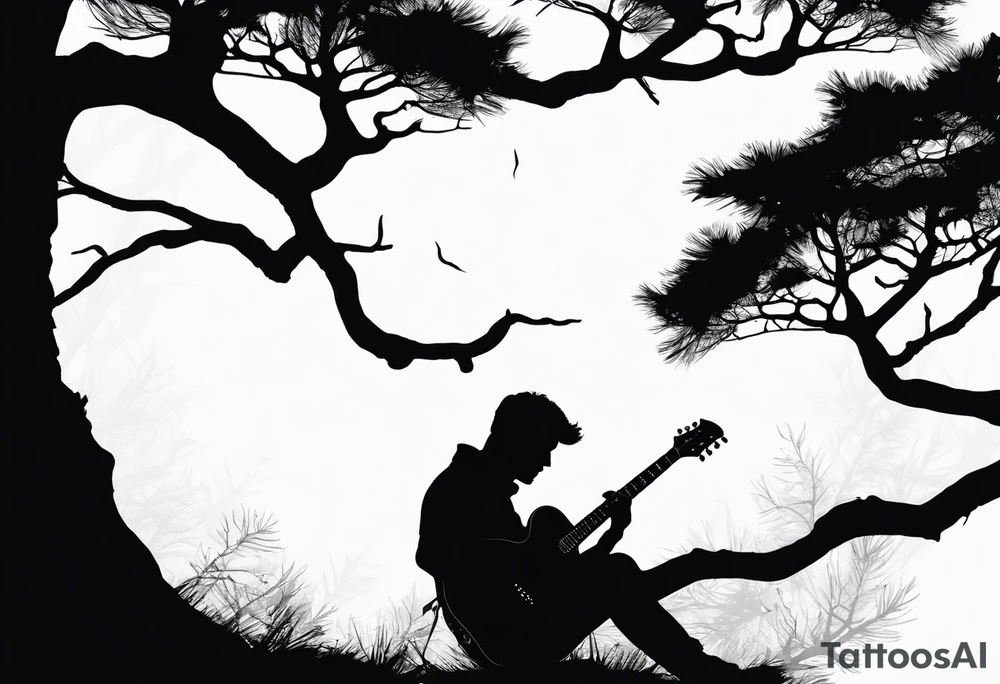 silhouette of a man playing electric guitar while sitting in a pine tree. tattoo idea