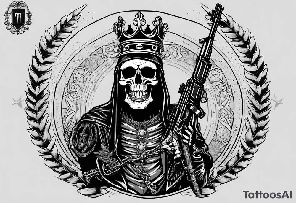 image of a skeleton standing frontally with a crown on his head, holding an AK-47 on his shoulder with his right hand. The chain on the left should be taut, there are three angry barking Dobermans in it, near the waist tattoo idea