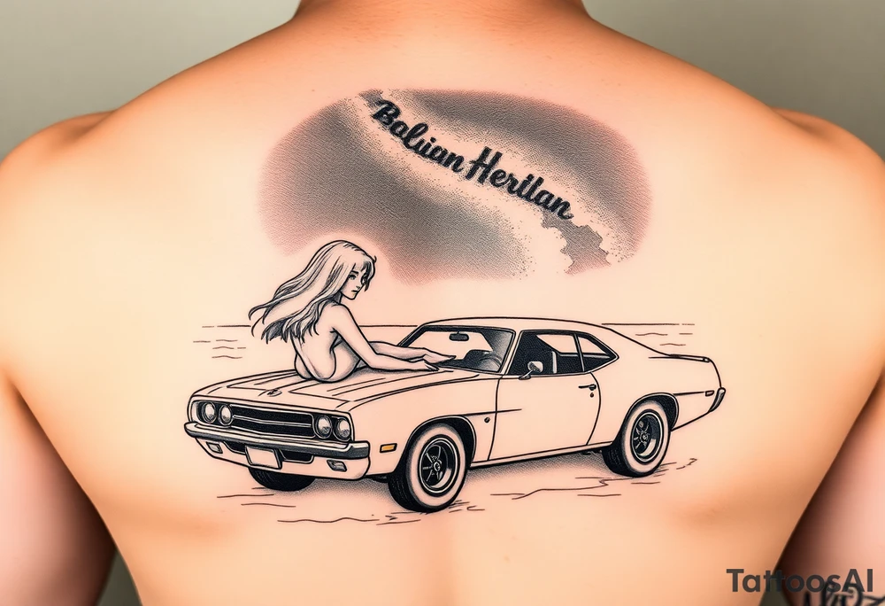 I want a sleeve that starts with a beach with dale Earnhardt car on the beach with a hot blonde 80’s girl with big hair on the hood. Then an ocean with big waves then a big dark sky with the Milky Way in it and Jimi Hendrix Stratocaster in the sky tattoo idea