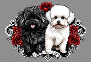 A white Bichon frise with a black pomeranian and a black poodle with the words “MFer For Life” tattoo idea