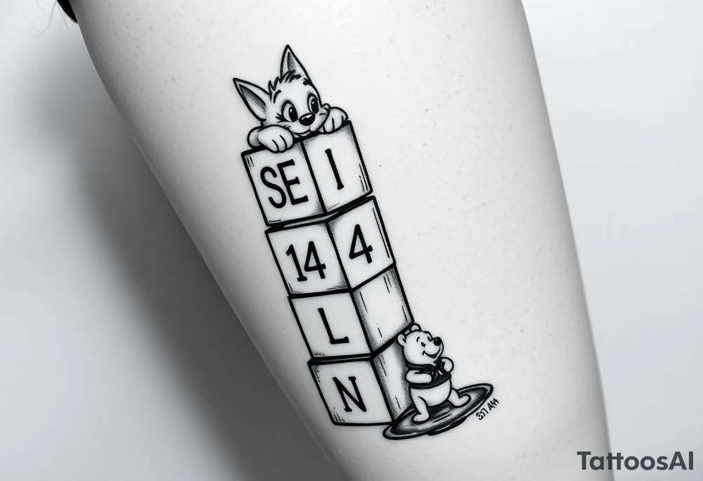 a thigh tattoo with alphabet blocks going down vertically stacked crooked but on the alphabet blocks,the name S E V Y N is alternated on the sides of all five blocks and 07 14 25 is alternated on the other sides of the blocks as well and on the top of the blocks Marie from the Aristocats peeking up looking showing her eyes, her bow on her head and her front pause and then on the bottom block then Winnie the Pooh standing on the ground, reaching up on the block for the honey that’s spilling off the side and on the left side not on the blocks to say 6 ounces 12 pounds 20 inches all lined up in a column going vertically starting with the 6 ounces 12 pounds and 20 inches in that order and then on the right side, not touching the blocks to say 3:51 AM. tattoo idea