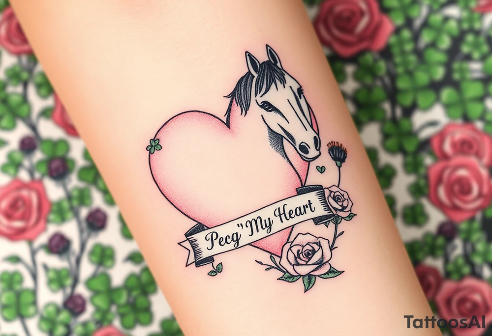 a big pale pink heart and a horse in a huge patch of green shamrocks, and purple thistles, and red roses with a banner across the heart that says Peg 'o My Heart tattoo idea
