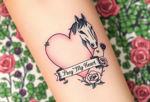 a big pale pink heart and a horse in a huge patch of green shamrocks, and purple thistles, and red roses with a banner across the heart that says Peg 'o My Heart tattoo idea