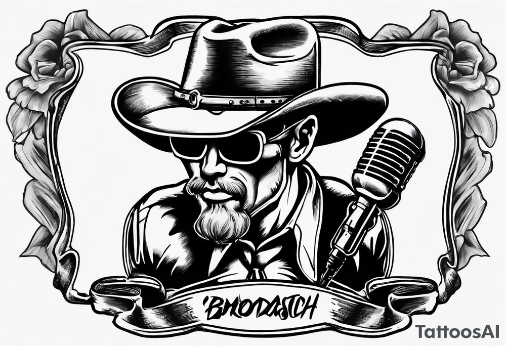 Old school broadcast microphone with cowboy hat on top tattoo idea