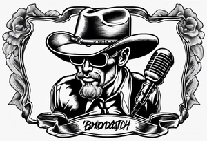 Old school broadcast microphone with cowboy hat on top tattoo idea