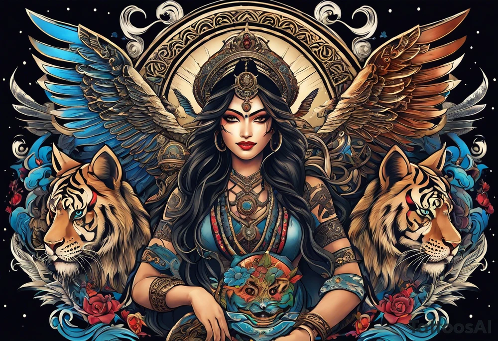 black kali, goddess pirate, alien, angel, pachamama, valkrye, warrior, flying, skull, lotus azul, wing, eagle, zenza resonance, stars, 5D, anahata chakra, death, durga, riding on a tiger, flying lady tattoo idea