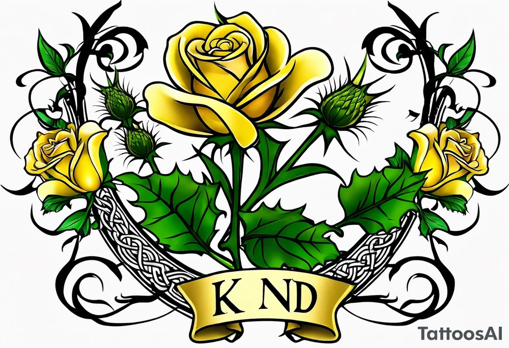 Scottish thistle, yellow rose and shamrock with stems intertwined spelling KND in celtic lettering tattoo idea