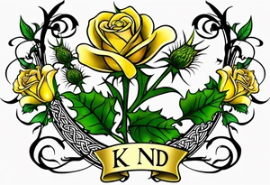 Scottish thistle, yellow rose and shamrock with stems intertwined spelling KND in celtic lettering tattoo idea