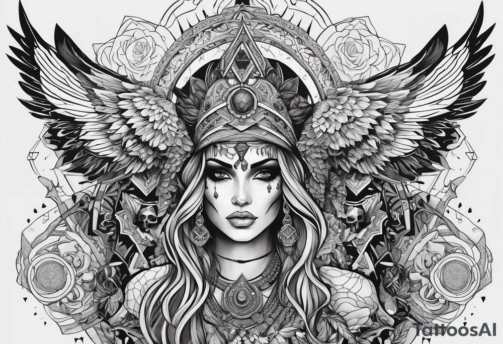 black kali, goddess pirate, alien, pachamama, valkrye, warrior, skull, lotus azul, wing, eagle, zenza resonance, stars, 5D, anahata chakra tattoo idea