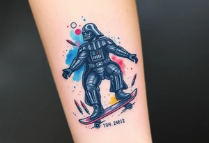 Darth Vader skateboarding > bullets > memorial > colors > god > futuristic 
add name "Darth Carter" on skateboard
add date in loving memory 12/29/88-01/06/24 tattoo idea