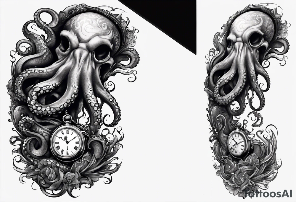 to be drawn in the arm, pocket watch wrapped under an aggressive octopus in side view tattoo idea