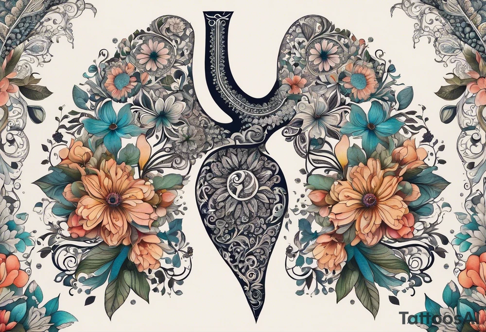 intricate and artistic arrangement of flowers and ornamental patterns that come together to form the shape of human lungs. The design should have a balance of delicacy and detail, with vibrant floral elements seamlessly intertwining to mimic the structure of the lungs, including the bronchi branching into floral motifs. Incorporate subtle shading and depth to give the tattoo a dynamic and organic feel, while maintaining elegance and symmetry, embraced by an octopus and butterflies flying around tattoo idea
