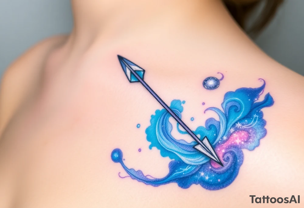 A Sagittarius arrow wrapped in a swirling galaxy, featuring shades of blue, violet, and sparkling silver highlight tattoo idea