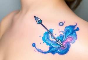 A Sagittarius arrow wrapped in a swirling galaxy, featuring shades of blue, violet, and sparkling silver highlight tattoo idea