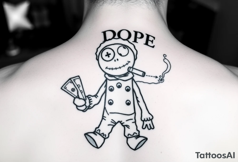 Stitched up rag doll with a button as one eye and some thread as the other. Holding some money in one hand and a cigar in the other hand. Smoke pouring off the cigar with the cloud of smoke above spelling out the word DOPE tattoo idea