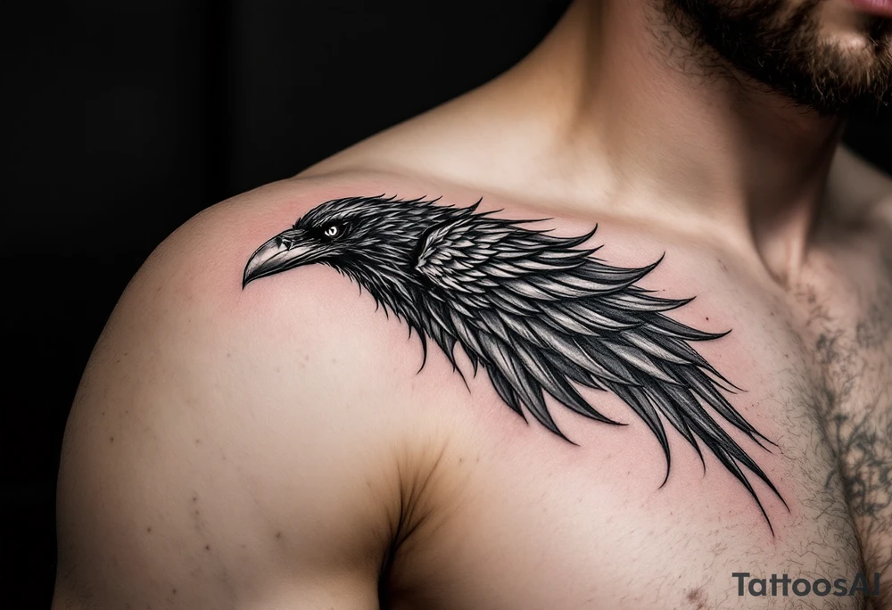 raven on shoulder with wing extended onto chest tattoo idea