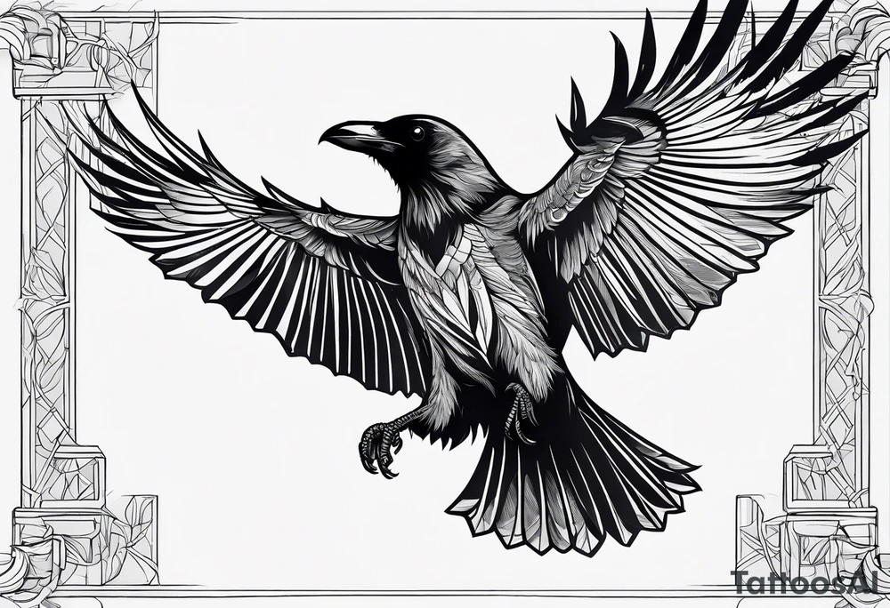 outline with straight lines of a flying raven, without grafik inside, no curves tattoo idea