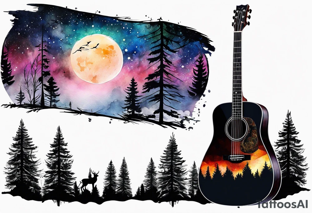 acoustic black guitar made out of trees and a night sky with a bright star tattoo idea