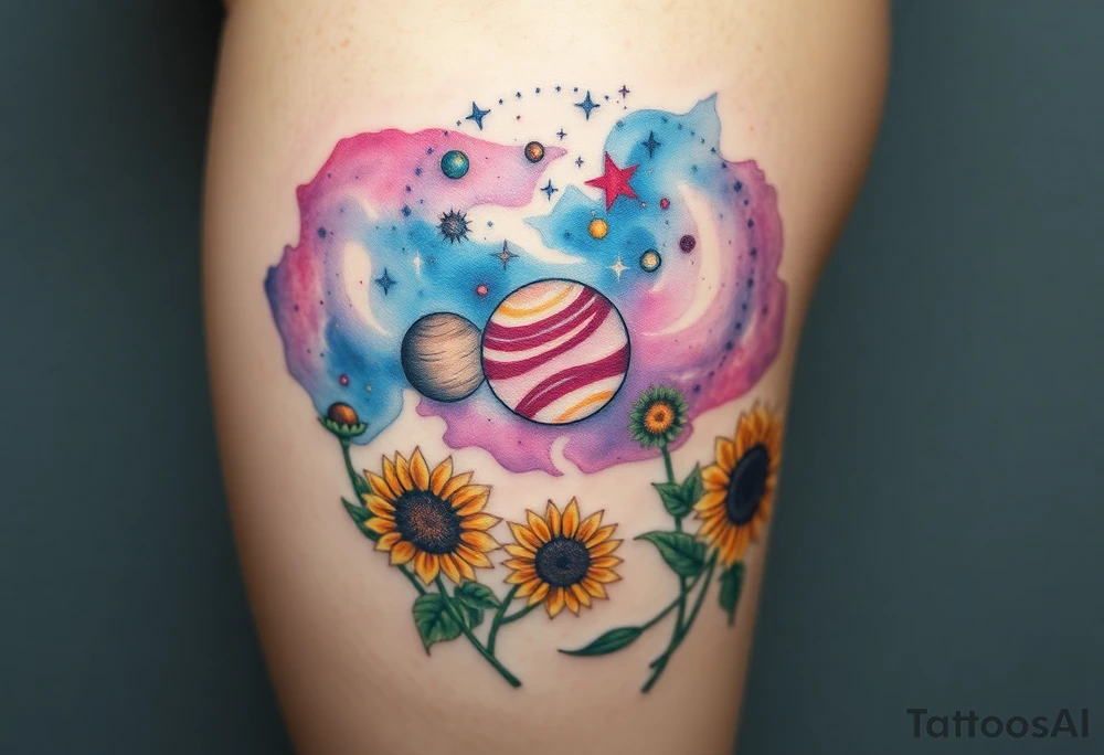 Milky way galaxy with planets with zodiac symbols and protection runes in it with tigerlillies roses and sunflowers tattoo idea