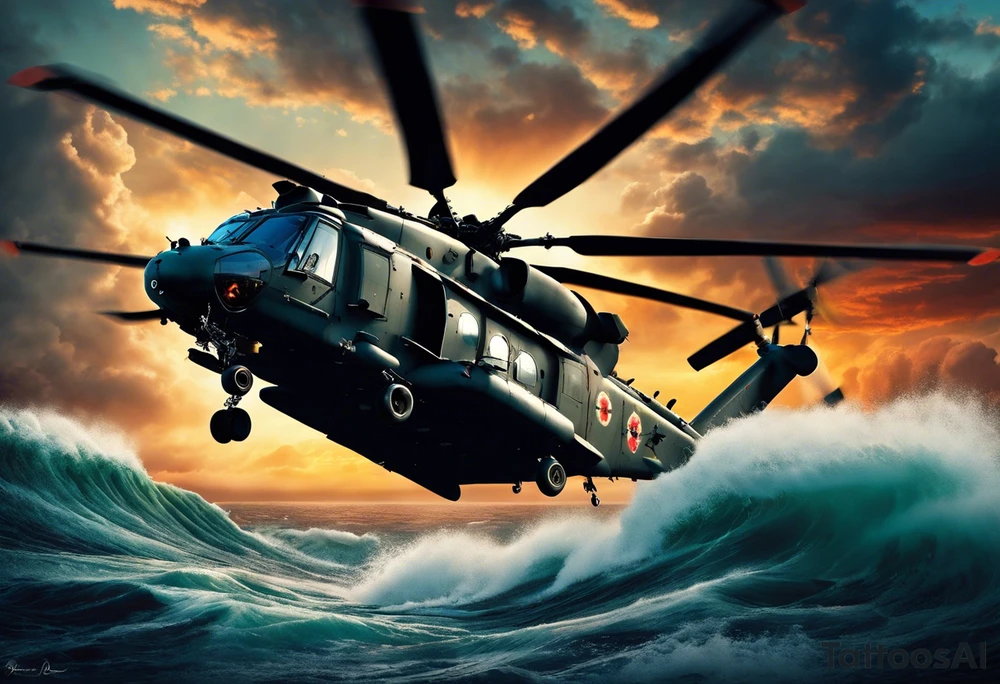 A cinematic-style tattoo depicting a Canadian military CH-148 Cyclone helicopter performing a daring maneuver over a turbulent ocean. The sky should be filled with dramatic clouds, and the sun should be setting, casting long shadows. The helicopter should be the main focus, with intricate details and a sense of motion. In the background, a poppy should be prominently displayed, and a quote from 'Lest We Forget' should be included tattoo idea
