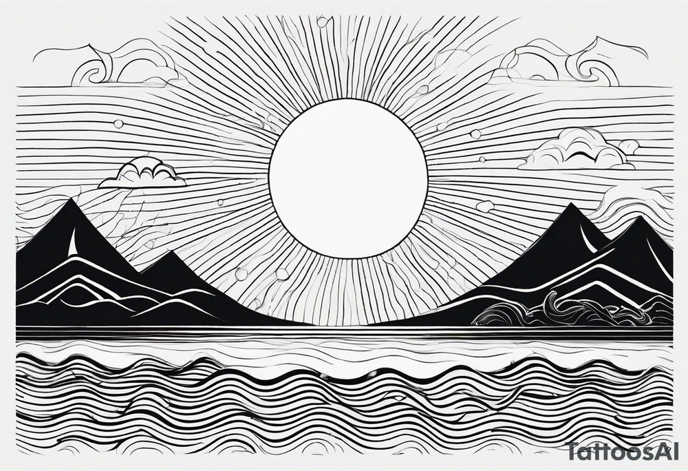 Line art minimalist sun mountain ocean simple 
Basic one line tattoo idea