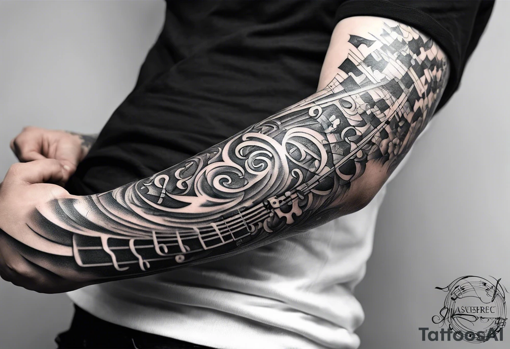 upper arm sleeve with musical notes and lyrics from the song Everlong tattoo idea