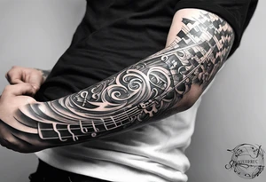 upper arm sleeve with musical notes and lyrics from the song Everlong tattoo idea