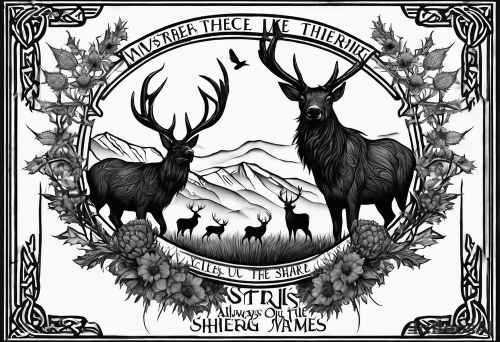 three thistles + Celtic knots + a stag + three ravens + the phrase "always remember there is nothing worth sharing like the love that let us share our names" tattoo idea