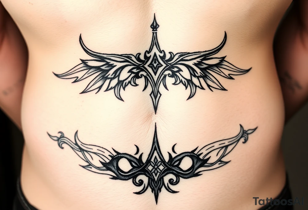 Each tribal piece for below the belly button on a male that runs from hip to center of the groin kind of Gothic eclectic just nice tattoo idea
