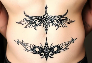 Each tribal piece for below the belly button on a male that runs from hip to center of the groin kind of Gothic eclectic just nice tattoo idea