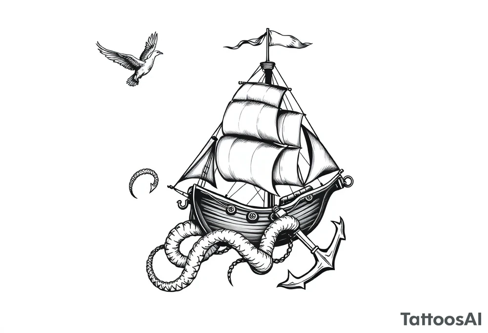 kraken, ship, sailor, anchor, sea, bird concept art tattoo idea