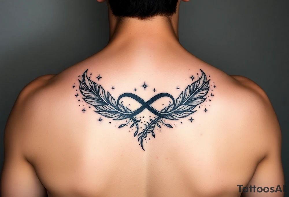 infinity symbol woven with floating feathers and stardust tattoo idea