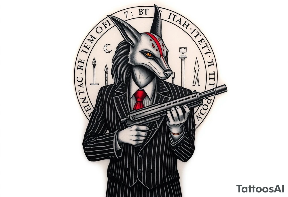 "Anubis in a 1920s gangster pinstripe suit, holding a tommy gun. His jackal head is half-cyborg (exposed circuits). Hieroglyph background spells 'BTC TO THE MOON'.  

Style: Art Deco meets cyber-Egyptian. Black/red/gold ink. Forearm sleeve." tattoo idea