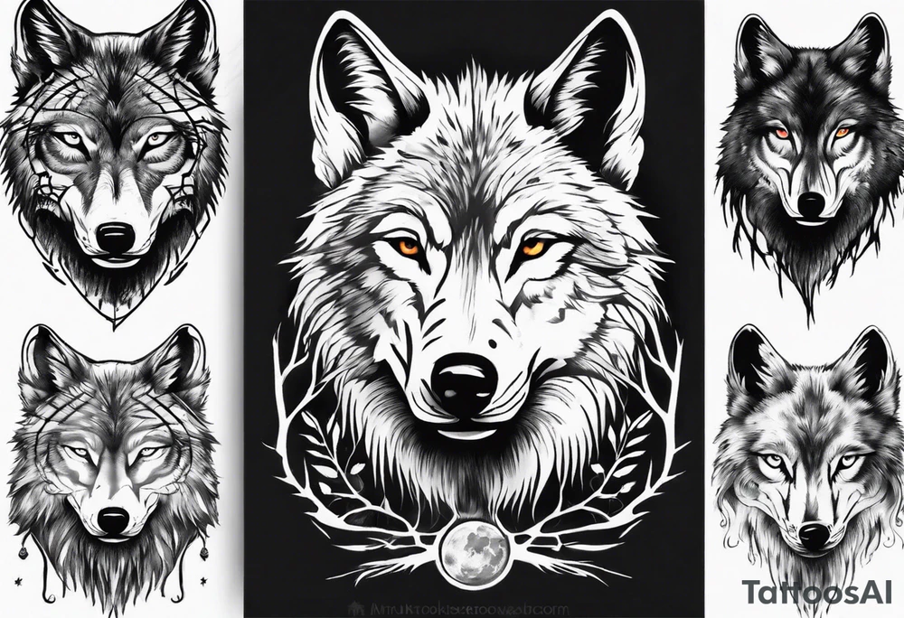 Wolf face with nature in the back ground tattoo idea