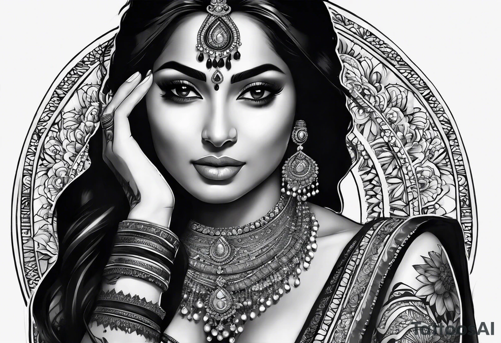 Please design a full sleeve tatto starting on my hand with a beautiful indian woman going up my arm will be her hair wrapping around my arm mixed with floral tattoo idea