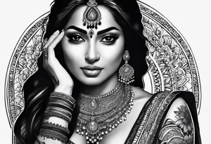 Please design a full sleeve tatto starting on my hand with a beautiful indian woman going up my arm will be her hair wrapping around my arm mixed with floral tattoo idea