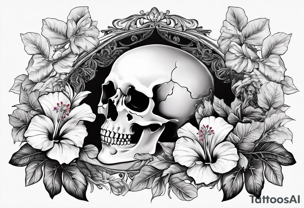 a  female skeleton of bones laying in a bed surrounded by hibiscus flower. tattoo idea