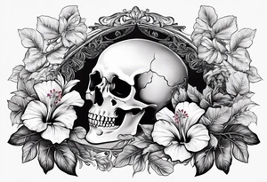 a  female skeleton of bones laying in a bed surrounded by hibiscus flower. tattoo idea