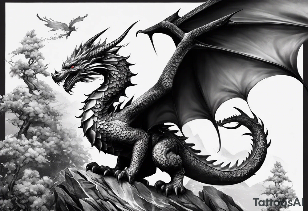 Ganzer Drache mit Kirschblüten fliegt nach unten tattoo idea Ganzer Drache mit Kirschblüten fliegt nach unten tattoo idea