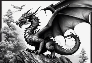 Ganzer Drache mit Kirschblüten fliegt nach unten tattoo idea