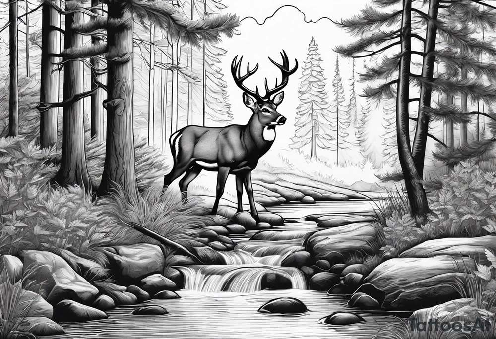 Forest with stream and whitetail buck for men tattoo idea