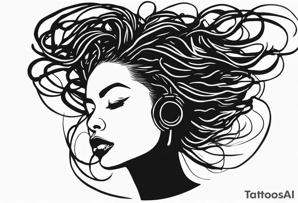 Draw a women head with real dread locks flying in the air tattoo idea