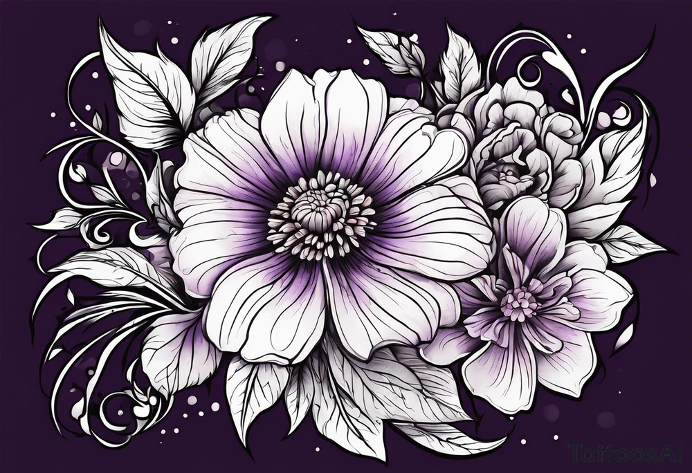 Violet and carnation flowers drawn like wild flowers and the letters SJS tattoo idea