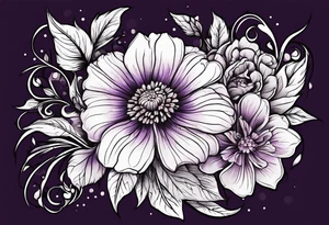 Violet and carnation flowers drawn like wild flowers and the letters SJS tattoo idea
