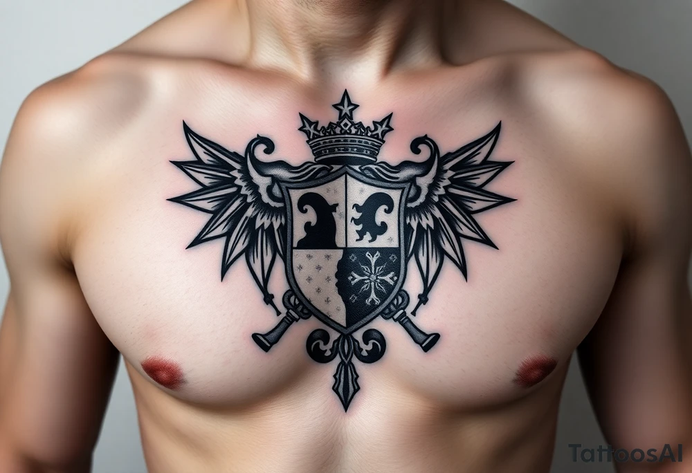 magnificent irish family crest with Demonic And mideval Featurs incorporated tattoo idea